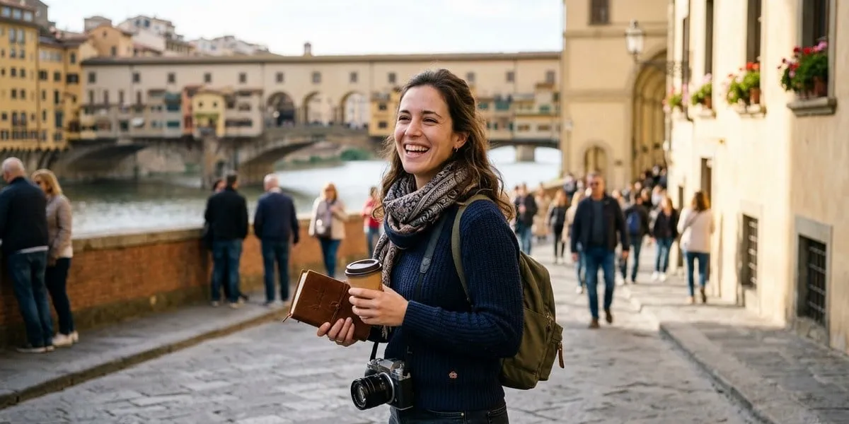 Mujer sonriente con mochila, cámara, café y una libreta, de pie en una calle de piedra junto a un río y un puente.