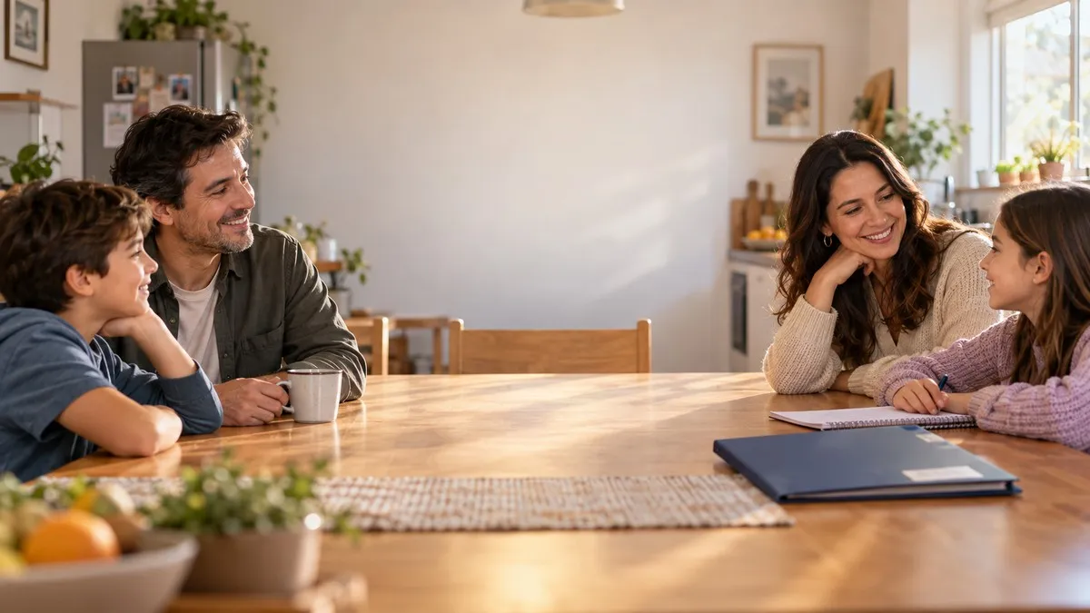 Una familia conversa sentada a la mesa de la cocina, con una carpeta azul y un cuaderno sobre la mesa.