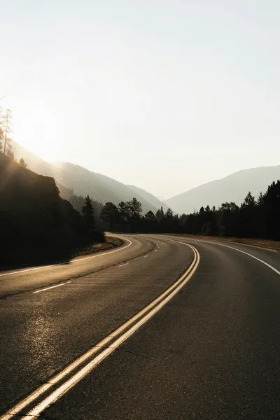 Carretera de dos pistas que dobla entre cerros y pinos, con el sol bajo.