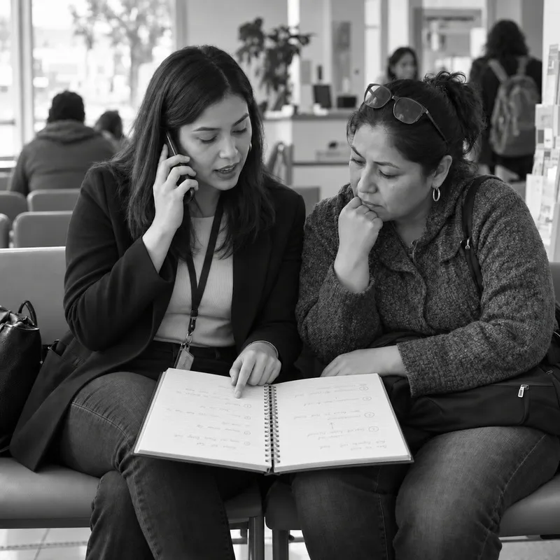 Dos mujeres revisan un cuaderno en una sala de espera. Una habla por teléfono.