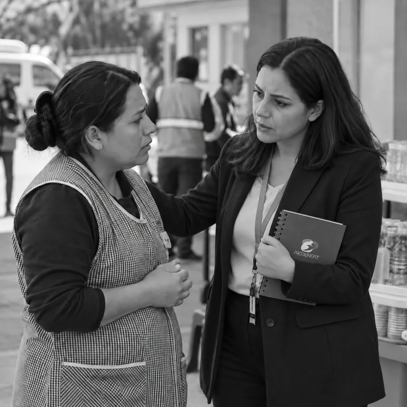 Una asistente social conversa con una trabajadora en un recinto, con un cuaderno en la mano.