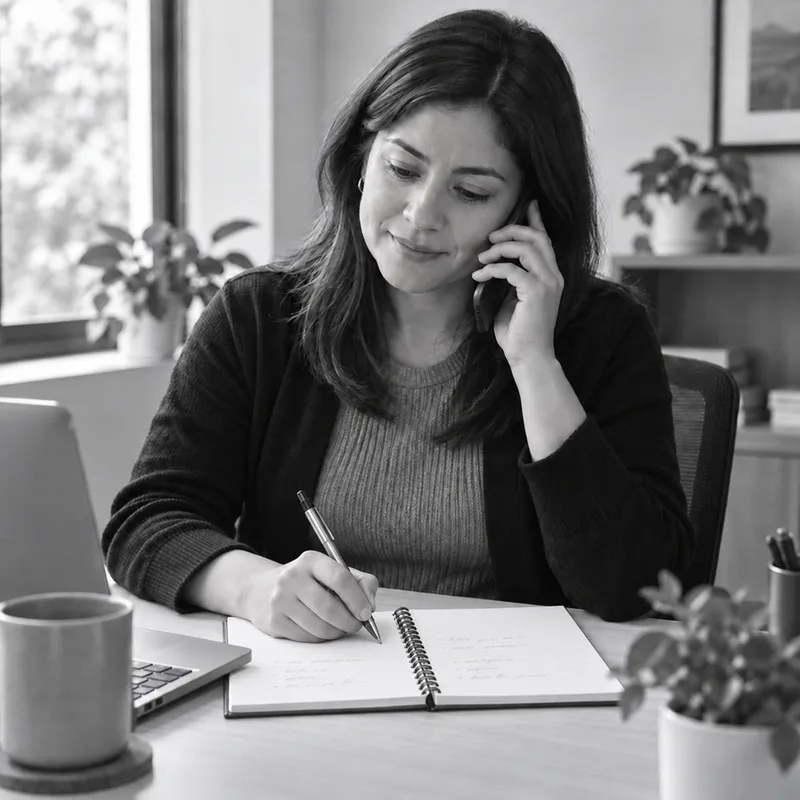 Una mujer habla por teléfono y anota en un cuaderno, frente a un computador.
