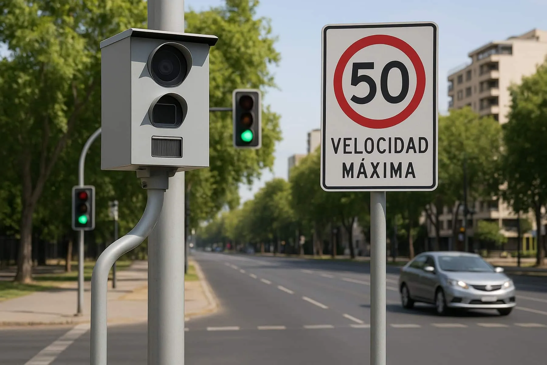 Cámara de fiscalización junto a un letrero de velocidad máxima 50, en una avenida con semáforos en verde.