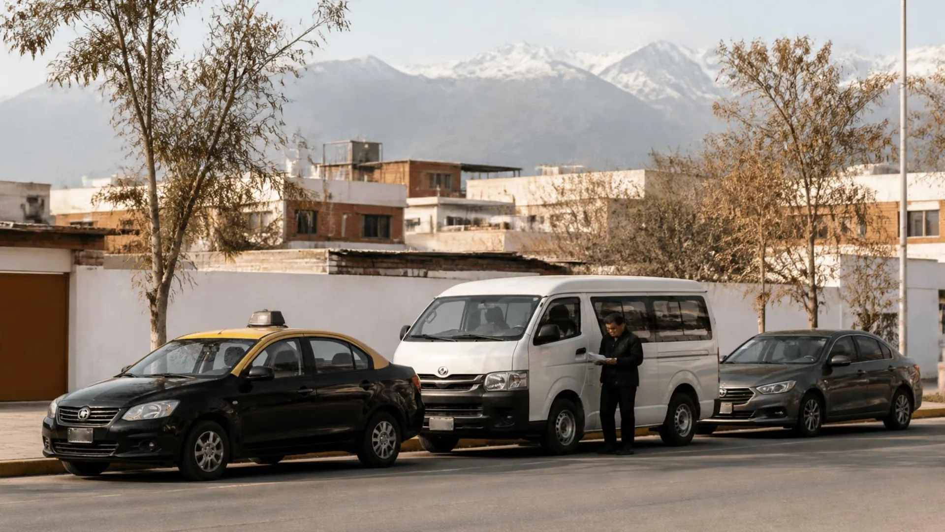 Taxi, van de pasajeros y auto estacionados en una calle, con un hombre revisando documentos y la cordillera al fondo.
