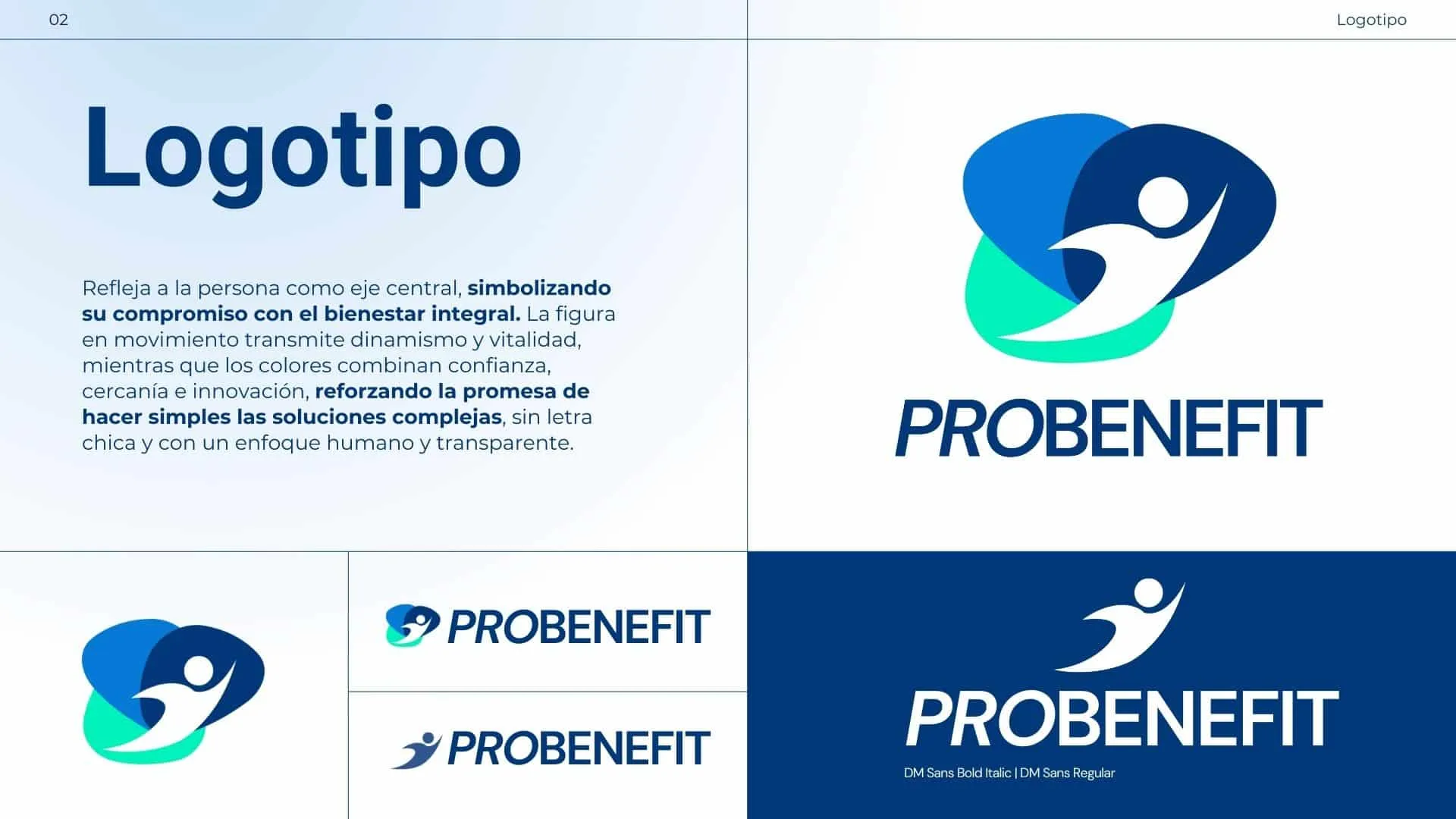 Lámina del logotipo: una figura blanca en movimiento sobre formas azul y menta.