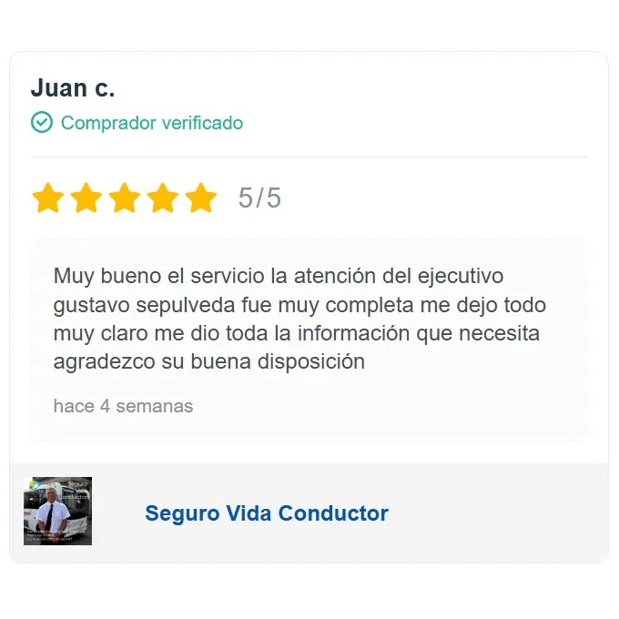 Juan c., comprador verificado, cinco de cinco estrellas: «Muy bueno el servicio la atención del ejecutivo gustavo sepulveda fue muy completa me dejo todo muy claro me dio toda la información que necesita agradezco su buena disposición».