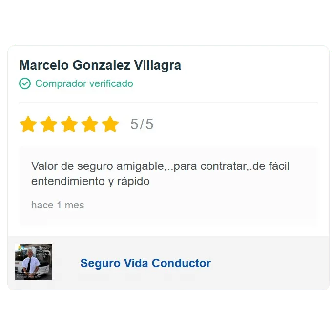 Marcelo Gonzalez Villagra, comprador verificado, cinco de cinco estrellas: «Valor de seguro amigable,..para contratar,.de fácil entendimiento y rápido».