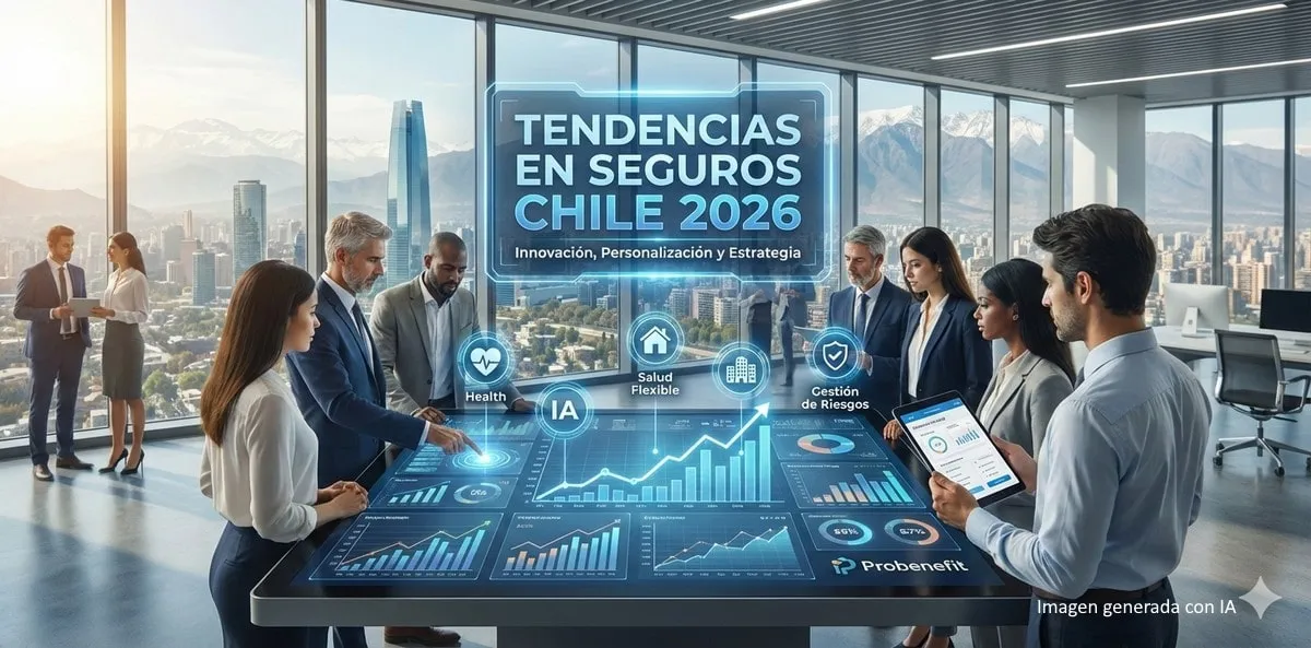 Personas rodean una mesa con gráficos, frente a una ciudad y montañas. El título dice Tendencias en seguros Chile 2026.