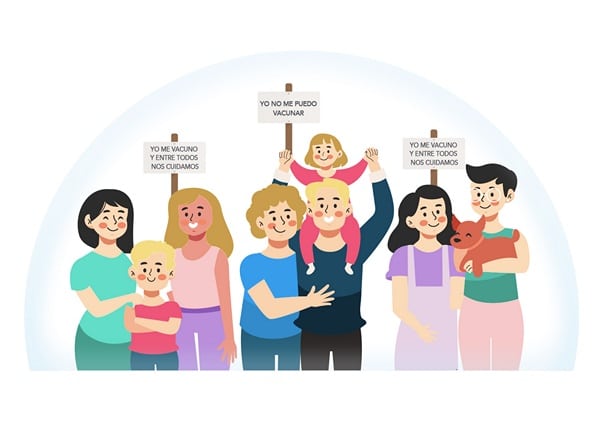 Ilustración de grupo de gente incitando a la vacunación.